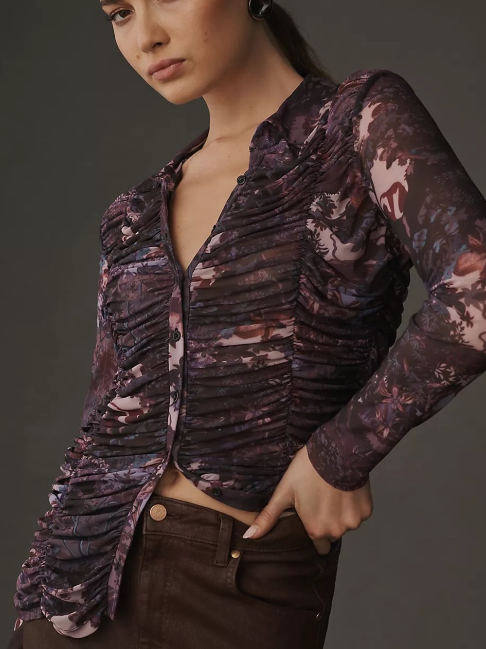 Anthropologie Ruched Sheer Floral Blouse in Plum and Mauve
